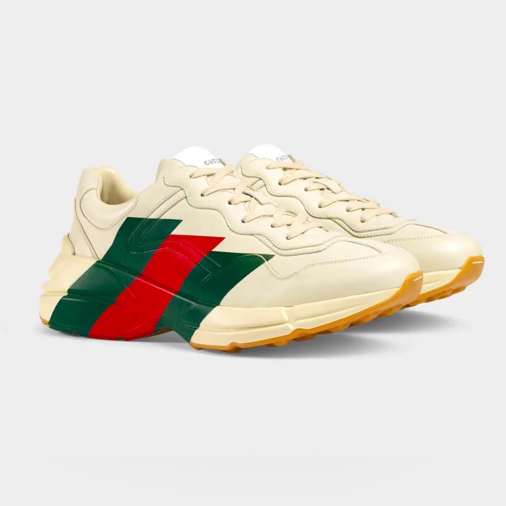 Gucci Mens Rhyton Sneakers White Red Green Stripes Size G 7.5 US 8.5